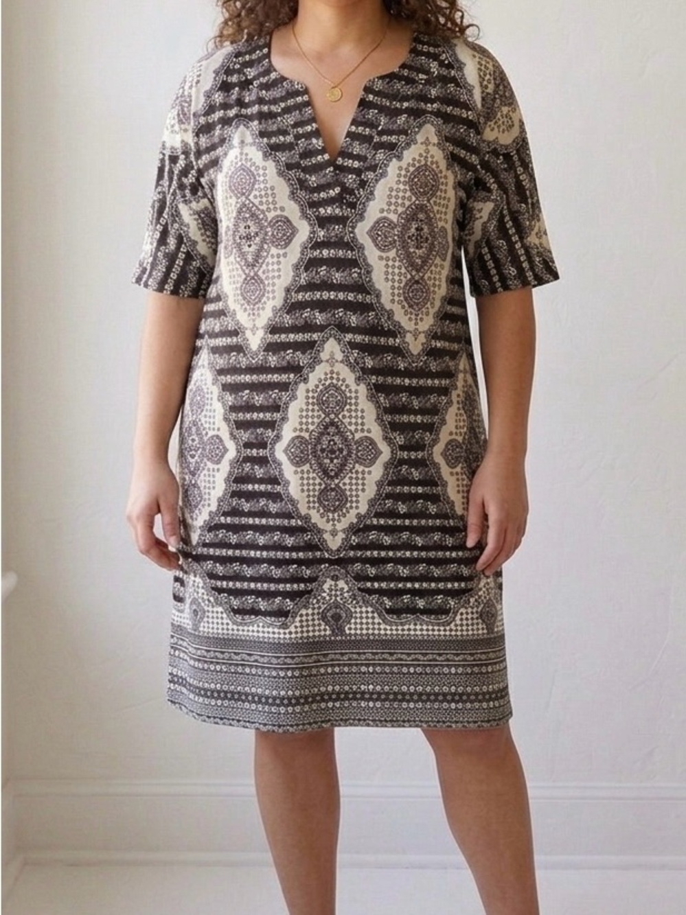 Talbots Brown and Cream Patterned Knit Midi Dress